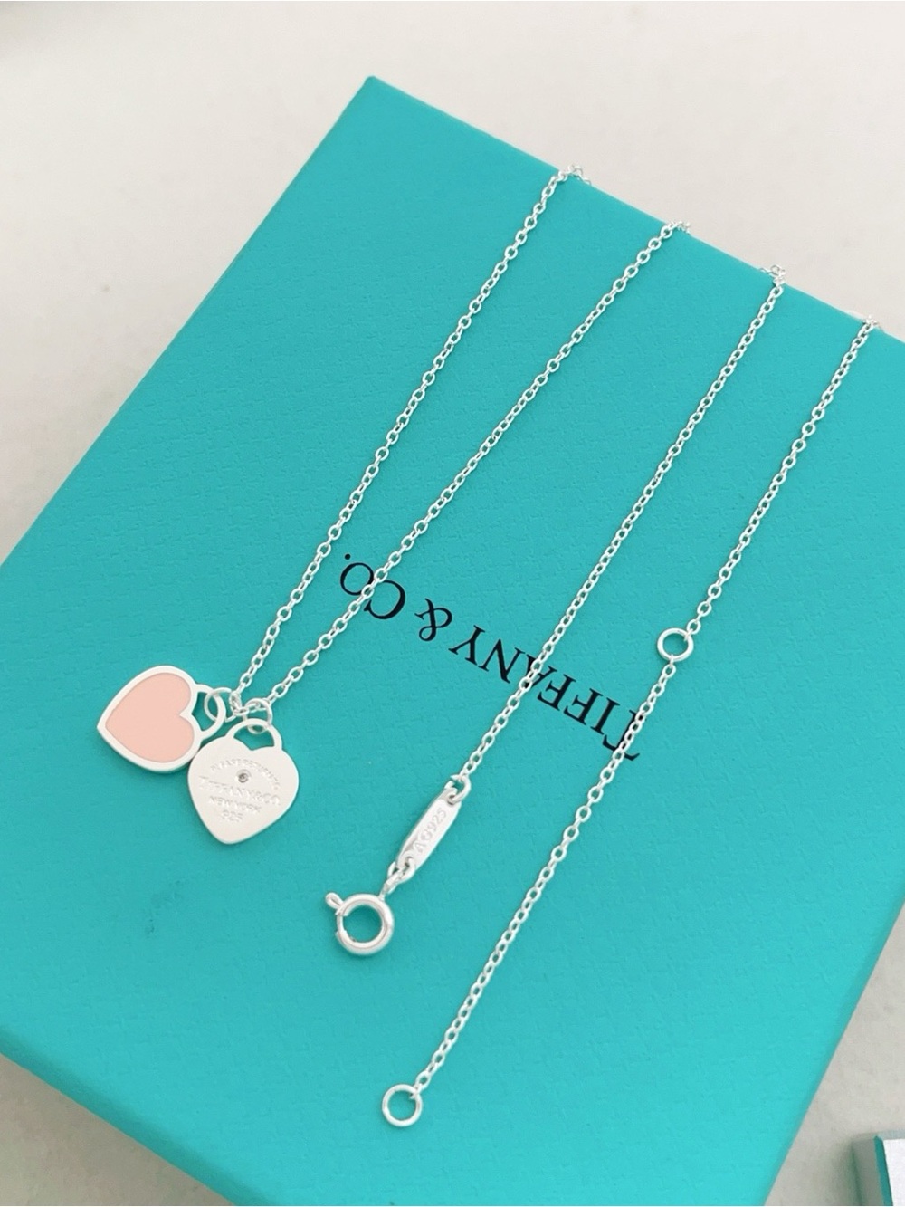 Tiffany & Co. Double Heart Pendant Necklace in Pink and Silver